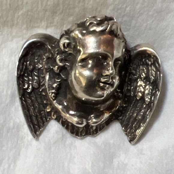 Sterling Silver Baroque Cherub Head Brooch 32 Grams Vintage - Picture 1 of 9